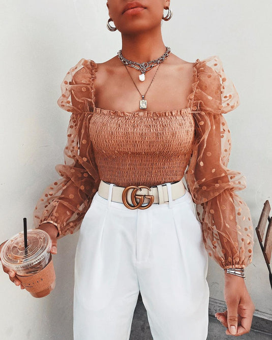 Women's long-sleeved sheer mesh chiffon blouse ،Suitable for spring and autumn