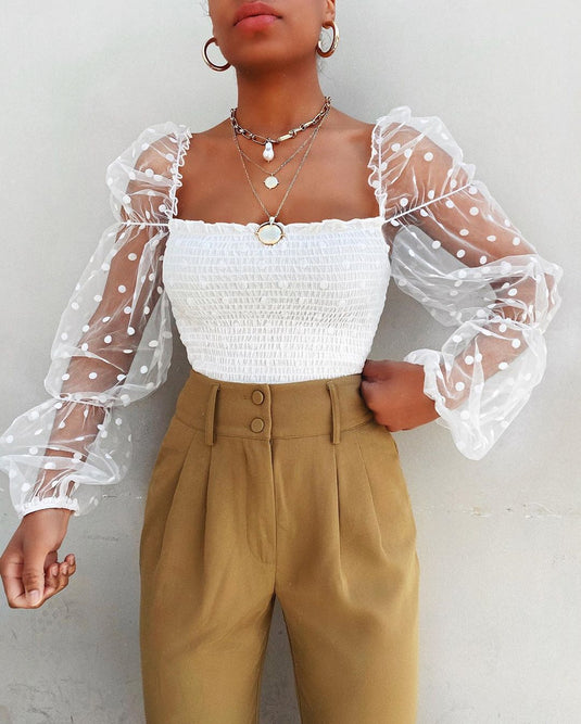 Women's long-sleeved sheer mesh chiffon blouse ،Suitable for spring and autumn