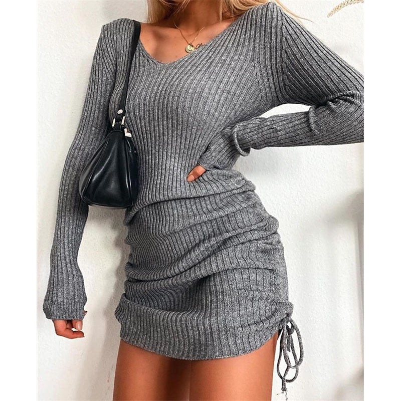 Load image into Gallery viewer, Women&#39;s Dress Knitted Drawstring Sexy Mini Dress Autumn Winter Elegant Fashion V-Neck Long Sleeve Bodycon Party Dresses Female
