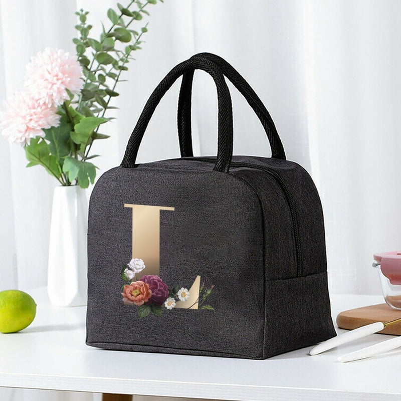 Load image into Gallery viewer, Thermal Travel Canvas Lunch Bag, Travel Bag, Gold Letter Print

