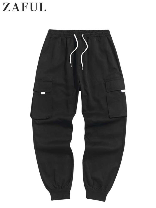 ZAFUL Men's Cargo Pant Solid Mid-waist Elastic  Trousers Techwear Sweatpants with Flap Pocket