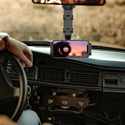 The phone holder, for use in the car, is practical and moves 360°. It can be placed on the seat or the front mirror