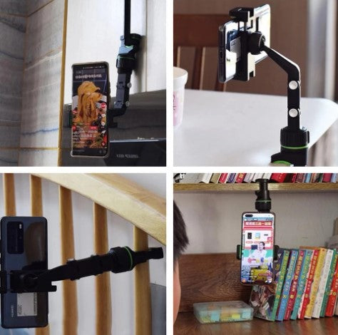 The phone holder, for use in the car, is practical and moves 360°. It can be placed on the seat or the front mirror