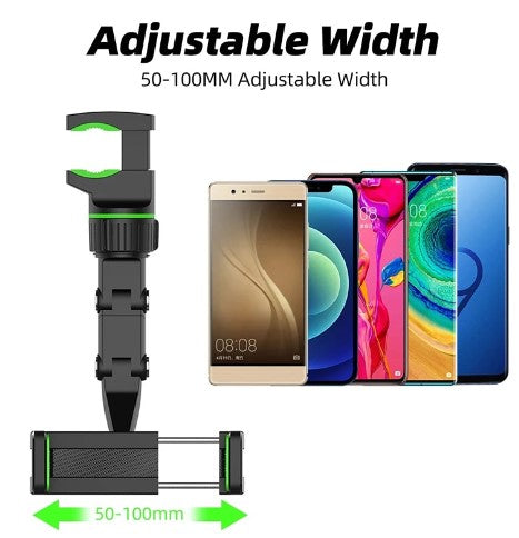 The phone holder, for use in the car, is practical and moves 360°. It can be placed on the seat or the front mirror