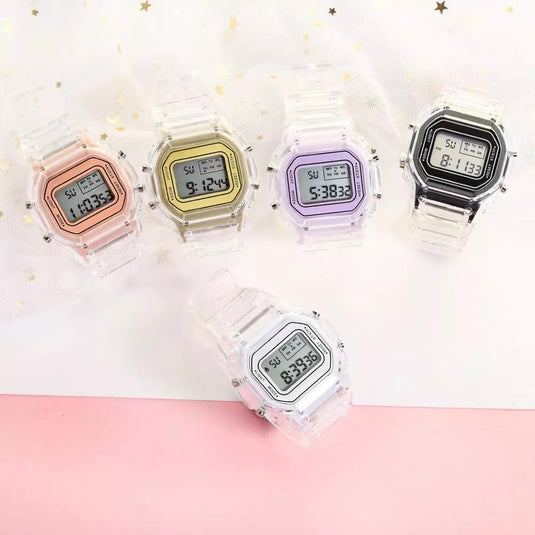 Cute digital women's watch auxiliary hour transparent bracelet 10_colors