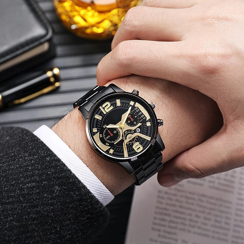 Load image into Gallery viewer, Luxury men's watch sports watch stainless steel leather bracelet
