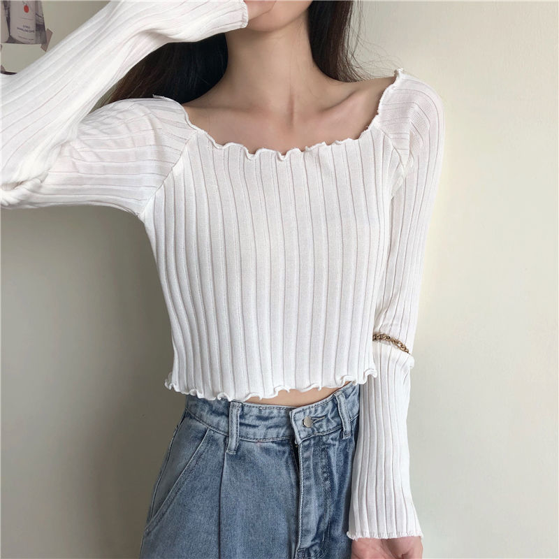 Load image into Gallery viewer, Knitting Cropped Purple Tops Casual Slim Tees Girls Black Ribbed T-shirts Female Ruched Vintage Korean Basic Pink Jumper
