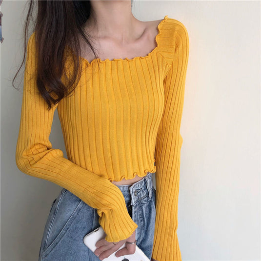 Knitting Cropped Purple Tops Casual Slim Tees Girls Black Ribbed T-shirts Female Ruched Vintage Korean Basic Pink Jumper