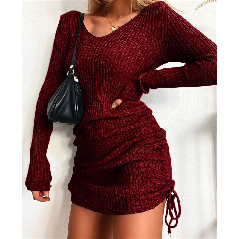 Load image into Gallery viewer, Women's Dress Knitted Drawstring Sexy Mini Dress Autumn Winter Elegant Fashion V-Neck Long Sleeve Bodycon Party Dresses Female
