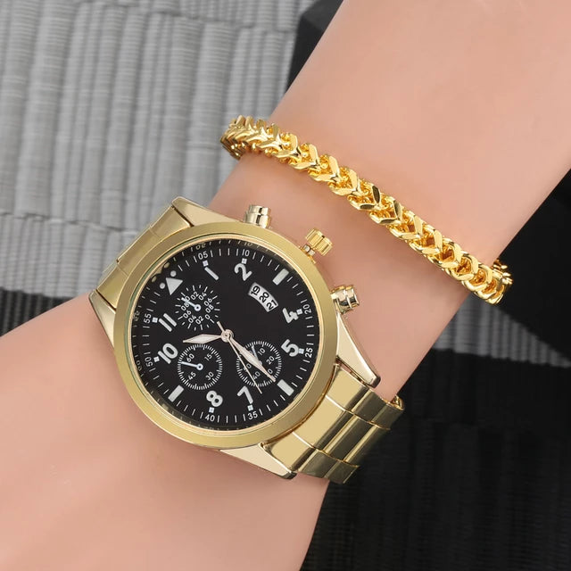 Load image into Gallery viewer, Luxury men's watch bracelet man quartz wristwatch gold bracelet 2022 2pcs
