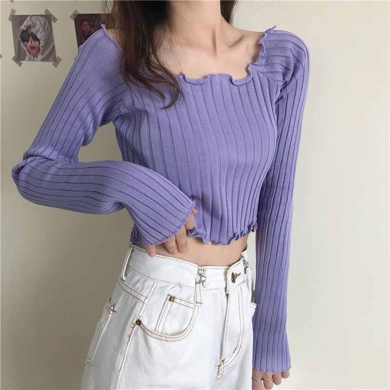 Load image into Gallery viewer, Knitting Cropped Purple Tops Casual Slim Tees Girls Black Ribbed T-shirts Female Ruched Vintage Korean Basic Pink Jumper
