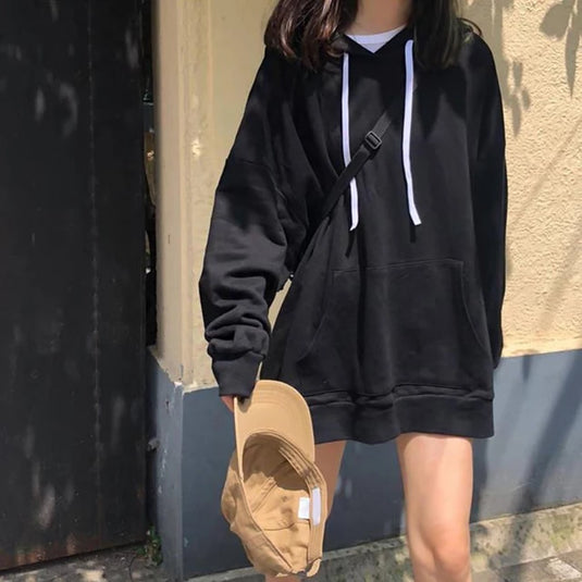 Hoodie Women Autumn Solid Color Pocket Mid-length Hoodie Long Sleeve Loose Sweatshirt