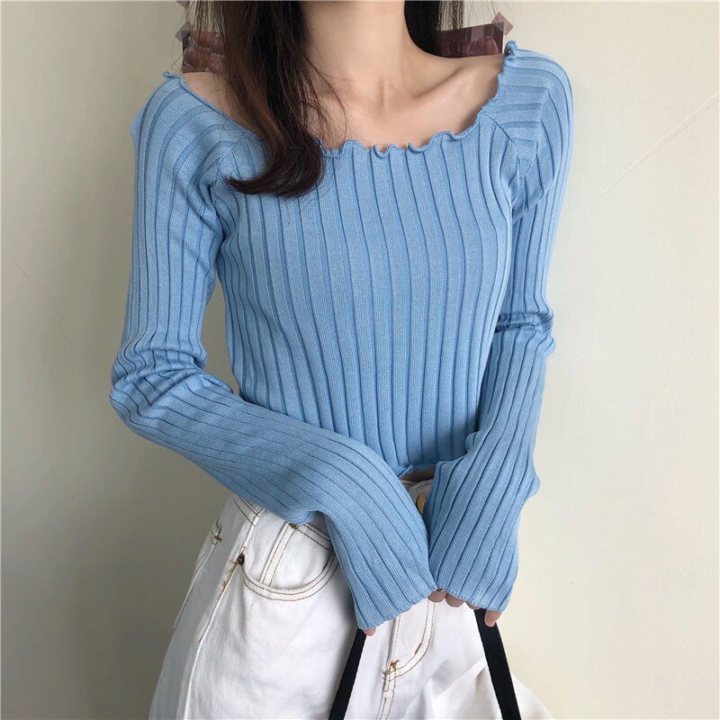 Load image into Gallery viewer, Knitting Cropped Purple Tops Casual Slim Tees Girls Black Ribbed T-shirts Female Ruched Vintage Korean Basic Pink Jumper

