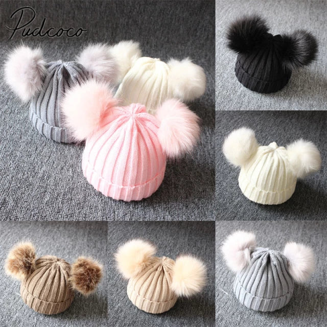 Load image into Gallery viewer, Fur hats for baby girls Head warmer in winter Two balls of fur on it 5_, colors.
