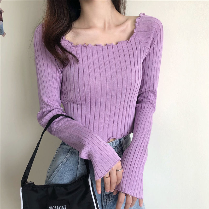 Load image into Gallery viewer, Knitting Cropped Purple Tops Casual Slim Tees Girls Black Ribbed T-shirts Female Ruched Vintage Korean Basic Pink Jumper
