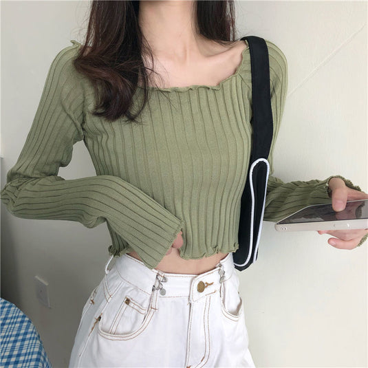 Knitting Cropped Purple Tops Casual Slim Tees Girls Black Ribbed T-shirts Female Ruched Vintage Korean Basic Pink Jumper