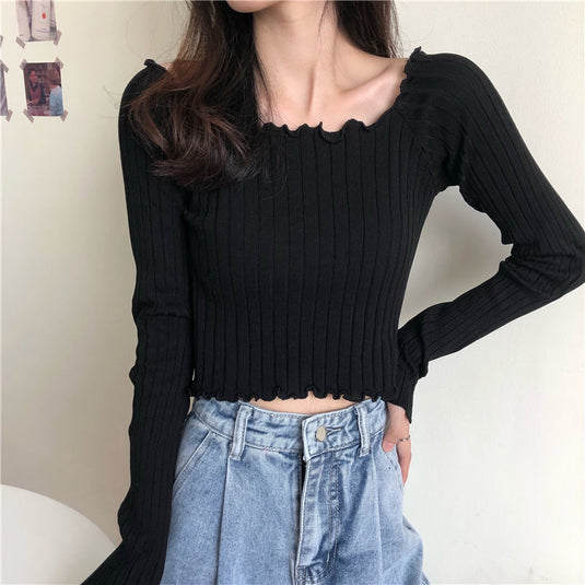 Knitting Cropped Purple Tops Casual Slim Tees Girls Black Ribbed T-shirts Female Ruched Vintage Korean Basic Pink Jumper