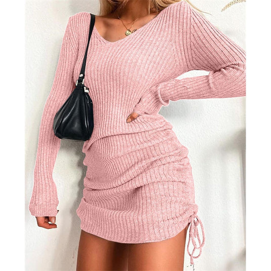 Women's Dress Knitted Drawstring Sexy Mini Dress Autumn Winter Elegant Fashion V-Neck Long Sleeve Bodycon Party Dresses Female