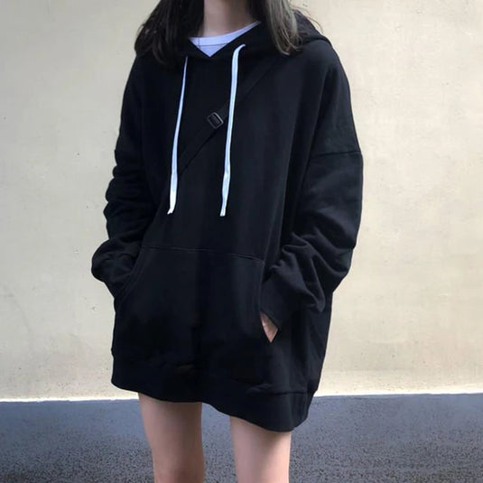 Hoodie Women Autumn Solid Color Pocket Mid-length Hoodie Long Sleeve Loose Sweatshirt