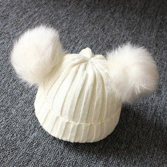 Fur hats for baby girls Head warmer in winter Two balls of fur on it 5_, colors.