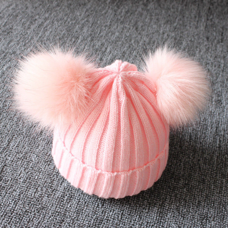 Load image into Gallery viewer, Fur hats for baby girls Head warmer in winter Two balls of fur on it 5_, colors.
