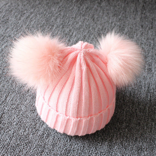 Fur hats for baby girls Head warmer in winter Two balls of fur on it 5_, colors.