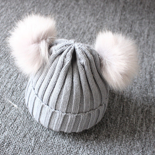 Fur hats for baby girls Head warmer in winter Two balls of fur on it 5_, colors.