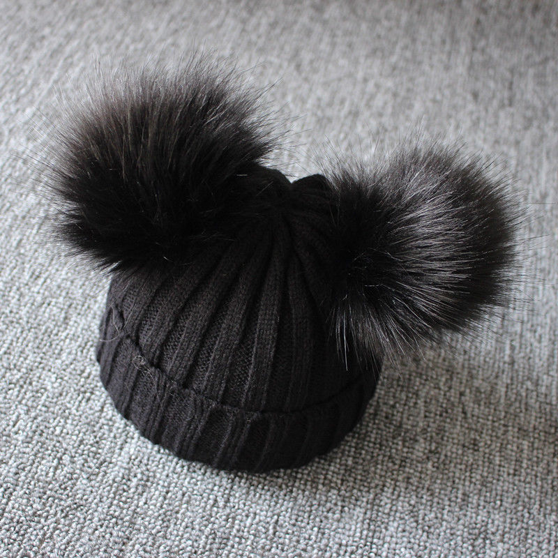 Load image into Gallery viewer, Fur hats for baby girls Head warmer in winter Two balls of fur on it 5_, colors.
