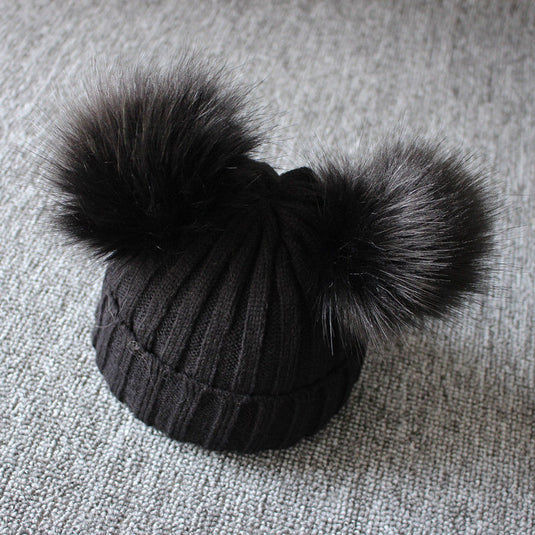Fur hats for baby girls Head warmer in winter Two balls of fur on it 5_, colors.