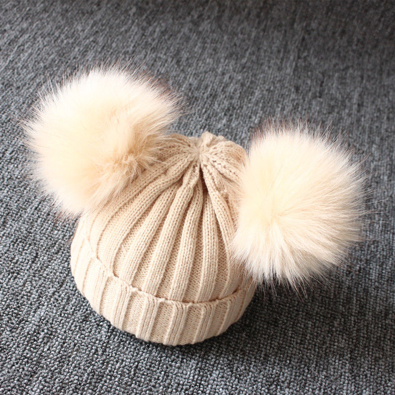 Load image into Gallery viewer, Fur hats for baby girls Head warmer in winter Two balls of fur on it 5_, colors.
