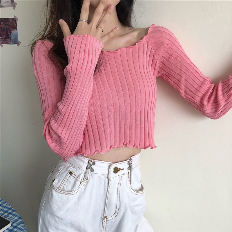 Load image into Gallery viewer, Knitting Cropped Purple Tops Casual Slim Tees Girls Black Ribbed T-shirts Female Ruched Vintage Korean Basic Pink Jumper
