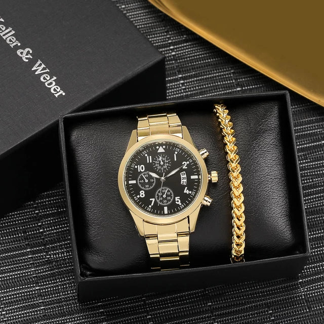 Load image into Gallery viewer, Luxury men's watch bracelet man quartz wristwatch gold bracelet 2022 2pcs

