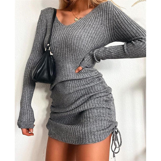 Women's Dress Knitted Drawstring Sexy Mini Dress Autumn Winter Elegant Fashion V-Neck Long Sleeve Bodycon Party Dresses Female