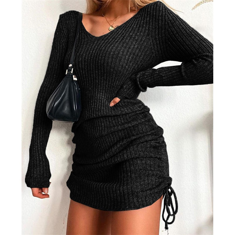 Load image into Gallery viewer, Women's Dress Knitted Drawstring Sexy Mini Dress Autumn Winter Elegant Fashion V-Neck Long Sleeve Bodycon Party Dresses Female
