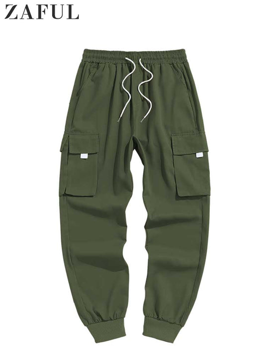 ZAFUL Men's Cargo Pant Solid Mid-waist Elastic  Trousers Techwear Sweatpants with Flap Pocket