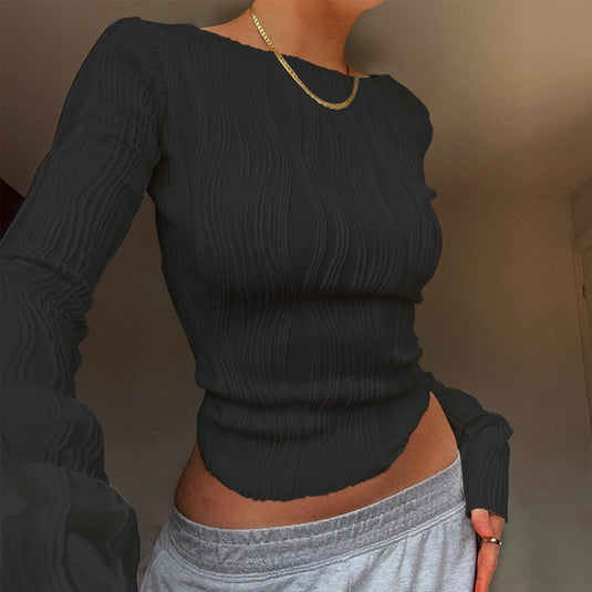 Women's Fashion Shirt Crew Neck Long Sleeve T-shirt Three-Dimensional Textured Slim Fit Pullover Tops Casual Outfits Streetwear