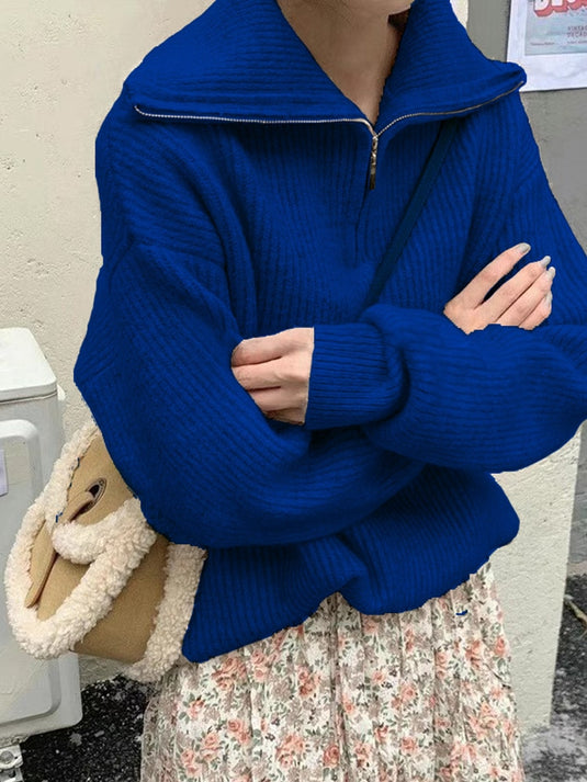 Women's Oversized Zipper Knitted Sweater Long Sleeve Pullover Autumn Winter