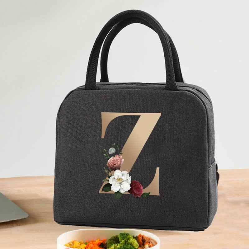 Load image into Gallery viewer, Thermal Travel Canvas Lunch Bag, Travel Bag, Gold Letter Print
