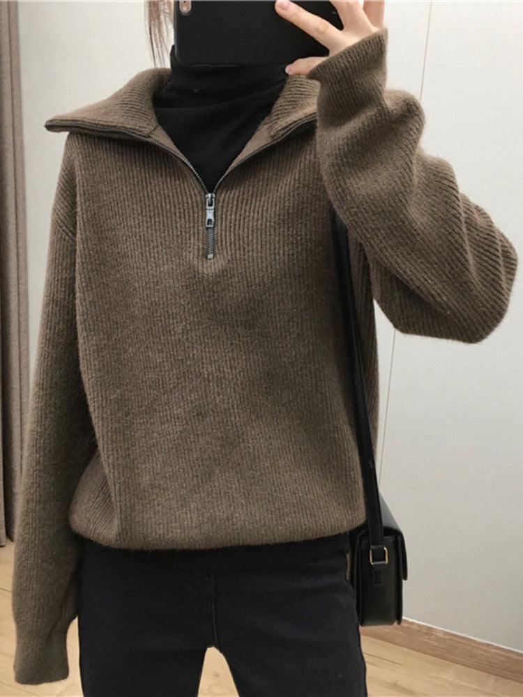 Load image into Gallery viewer, Women's Oversized Zipper Knitted Sweater Long Sleeve Pullover Autumn Winter
