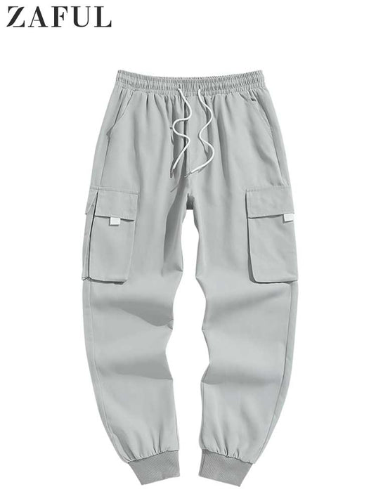 ZAFUL Men's Cargo Pant Solid Mid-waist Elastic  Trousers Techwear Sweatpants with Flap Pocket