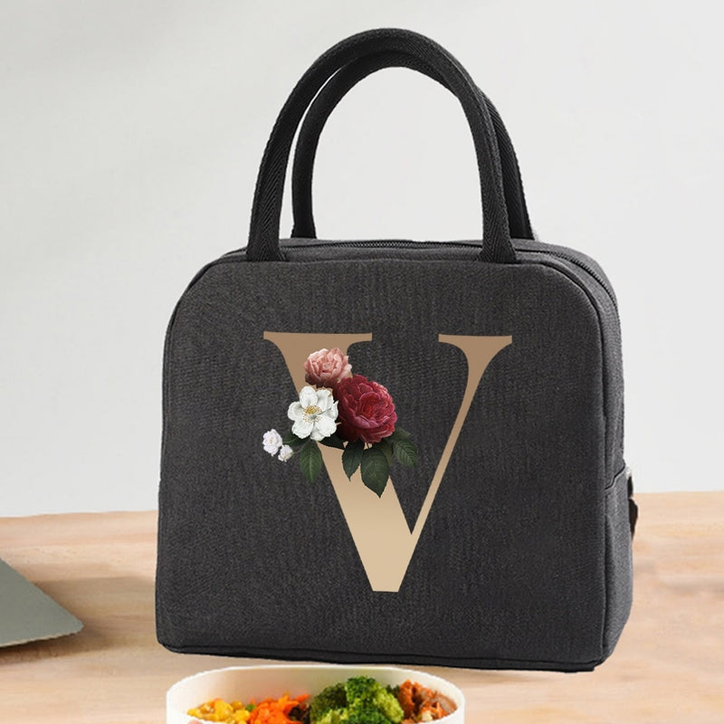 Load image into Gallery viewer, Thermal Travel Canvas Lunch Bag, Travel Bag, Gold Letter Print
