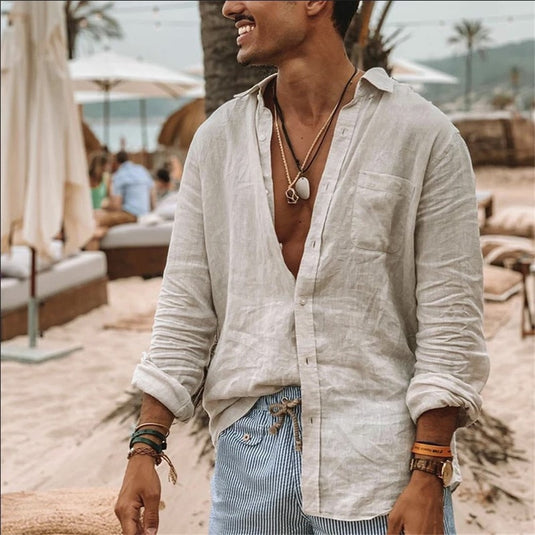 2022 Men's high quality long-sleeved loose linen shirt
