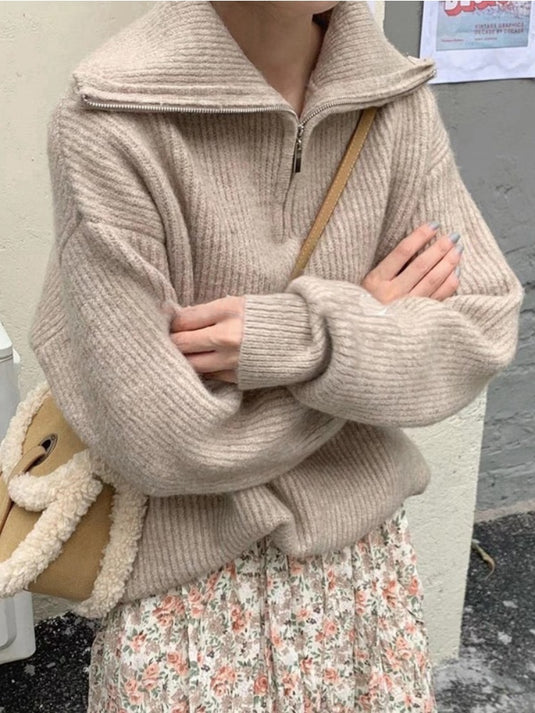 Women's Oversized Zipper Knitted Sweater Long Sleeve Pullover Autumn Winter