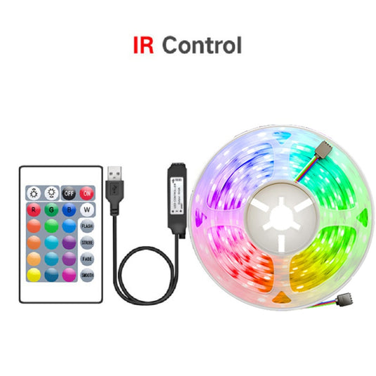 LED strips illuminated in different colors Remote control to change the color Decoration behind the TV and in the bedrooms and gaming setup