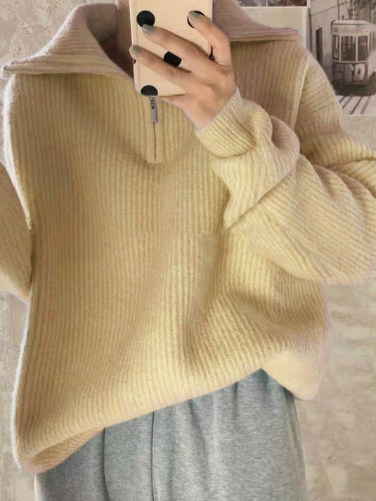 Women's Oversized Zipper Knitted Sweater Long Sleeve Pullover Autumn Winter