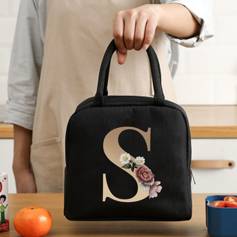 Load image into Gallery viewer, Thermal Travel Canvas Lunch Bag, Travel Bag, Gold Letter Print
