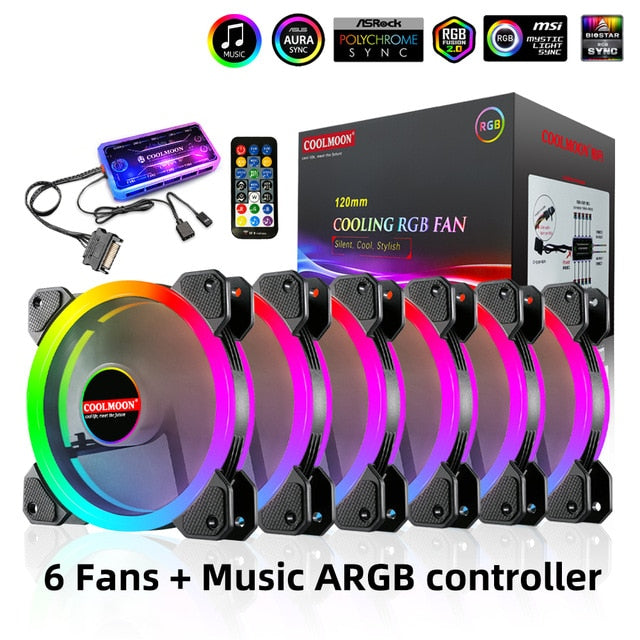 Load image into Gallery viewer, 120mm PC Computer Case Fan Cooling Cooler 6PIN Adjustable RGB Led 12cm Mute Ventilador 5V DC ARGB Fans Adjust Speed Aura Sync
