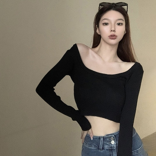Women's Slim Knitted Long Sleeve Sweater Solid Color Simple Square Collar Crop Top Fall Spring Casual Pullover