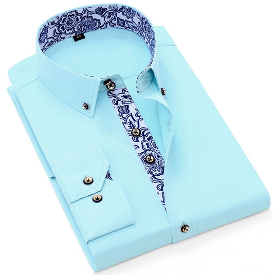 Men's cotton work shirt, long sleeves, solid color, porcelain collar, 5_colors