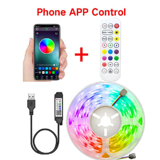 LED strips illuminated in different colors Remote control to change the color Decoration behind the TV and in the bedrooms and gaming setup